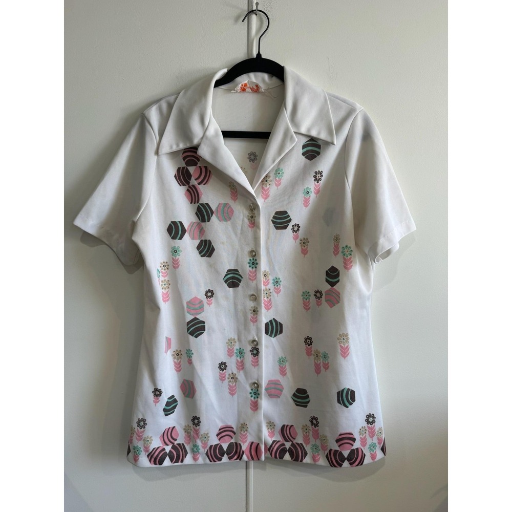 Vintage Smartiques Shirt Womens 42 White Collared Short Sleeve Geometric Top